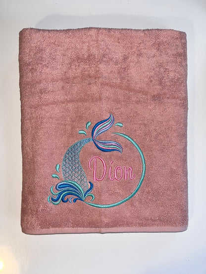 Personalised Kids Mermaid Towel | Ocean Theme Cotton Towel | Embroidered Swimming Lesson Towel
