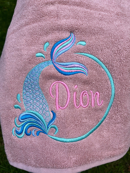 Personalised Kids Mermaid Towel | Ocean Theme Cotton Towel | Embroidered Swimming Lesson Towel
