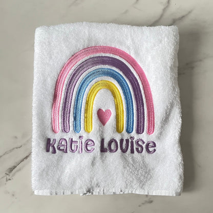 Personalised Kids Swimming Towel | Rainbow Theme Cotton Towel | Embroidered Swimming Lesson Towel