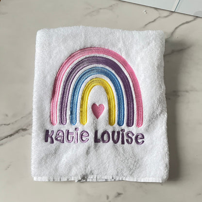 Personalised Kids Swimming Towel | Rainbow Theme Cotton Towel | Embroidered Swimming Lesson Towel