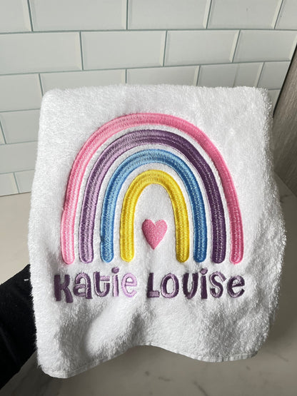 Personalised Kids Swimming Towel | Rainbow Theme Cotton Towel | Embroidered Swimming Lesson Towel