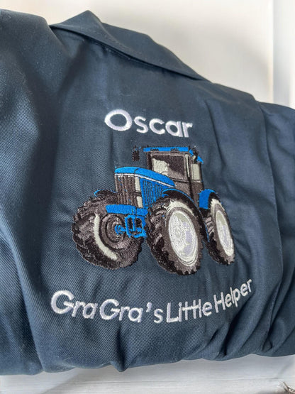 Personalised blue tractor kids farmer in training tractor overalls, kids navy embroidered boilersuit, kids sizes aged 1-12 years
