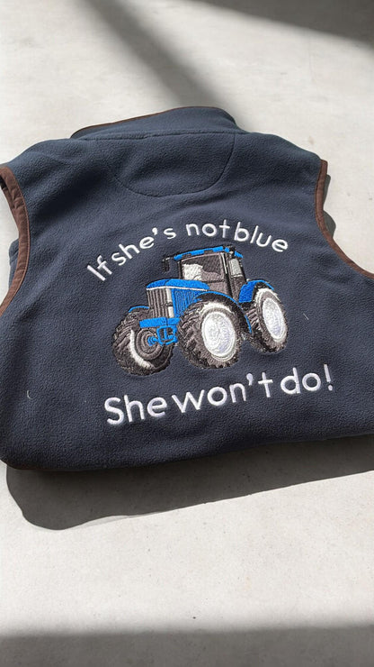 Personalised kids tractor gilet, kids navy embroidered gilet, kids sizes aged 1-12 years