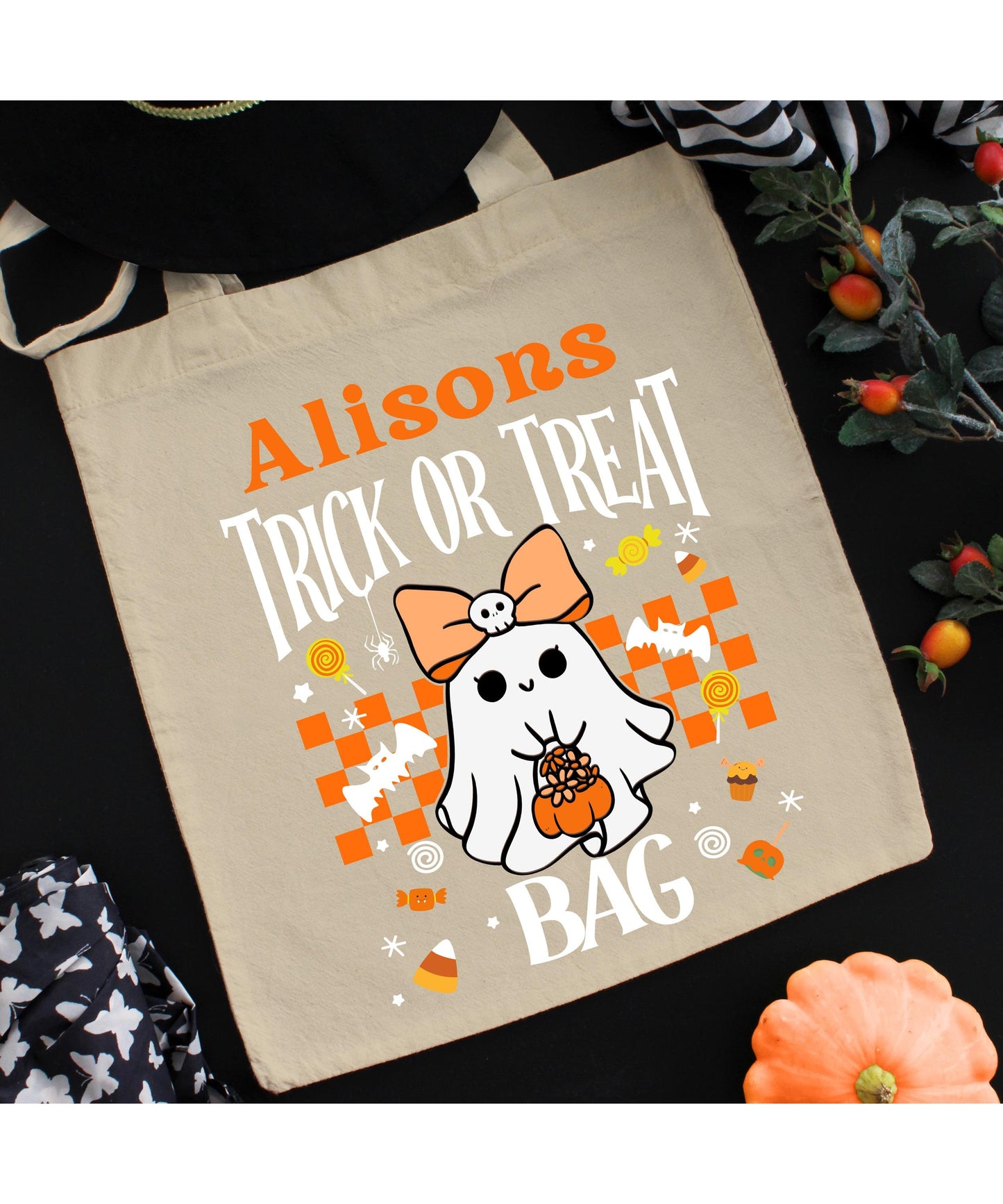 Personalised trick or treat ghost Halloween bag, Children's trick or treat bag, retro ghost treat bag