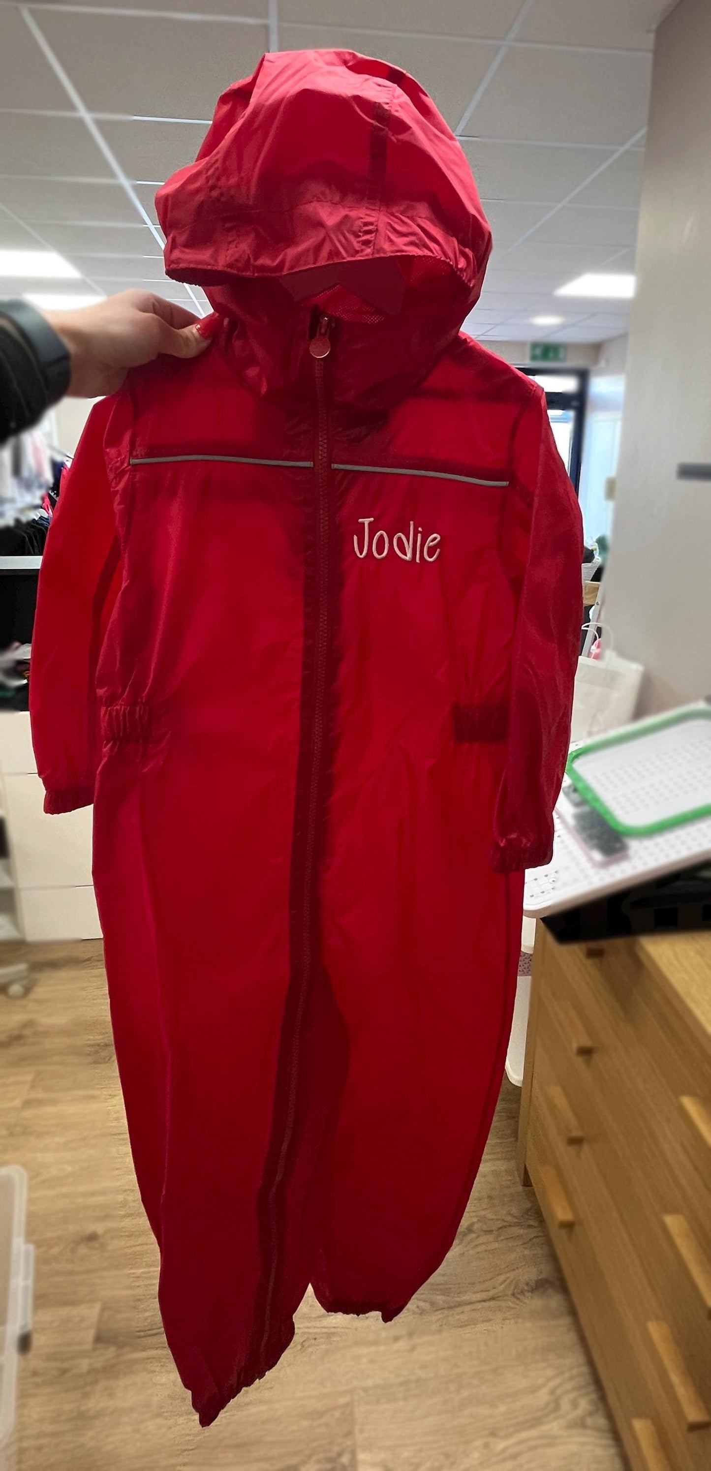 Personalised kids waterproof overalls, kids navy red embroidered boiler suit, kids sizes aged 1-6 years