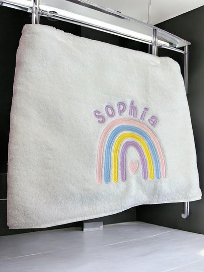 Personalised Kids Swimming Towel | Rainbow Theme Cotton Towel | Embroidered Swimming Lesson Towel
