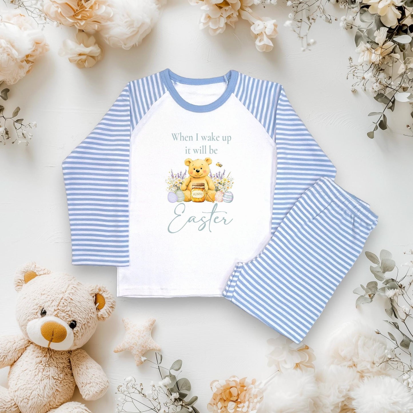 Personalised Kids Easter Pyjamas - Cute Bear with Honey Design - Custom Name PJs - Printed Easter Sleepwear - Toddler & Baby Easter Gift