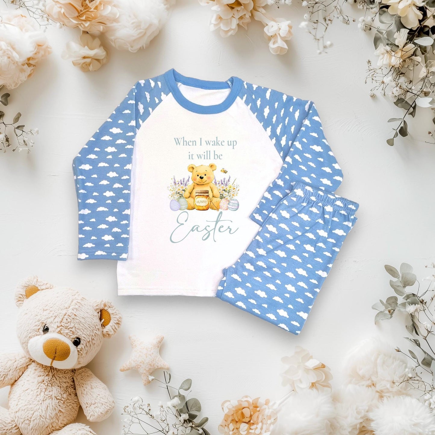 Personalised Kids Easter Pyjamas - Cute Bear with Honey Design - Custom Name PJs - Printed Easter Sleepwear - Toddler & Baby Easter Gift