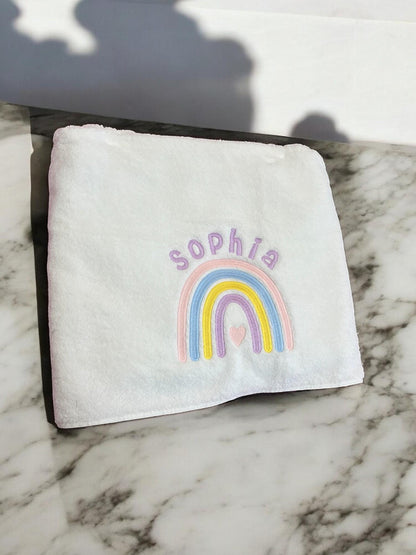 Personalised Kids Swimming Towel | Rainbow Theme Cotton Towel | Embroidered Swimming Lesson Towel