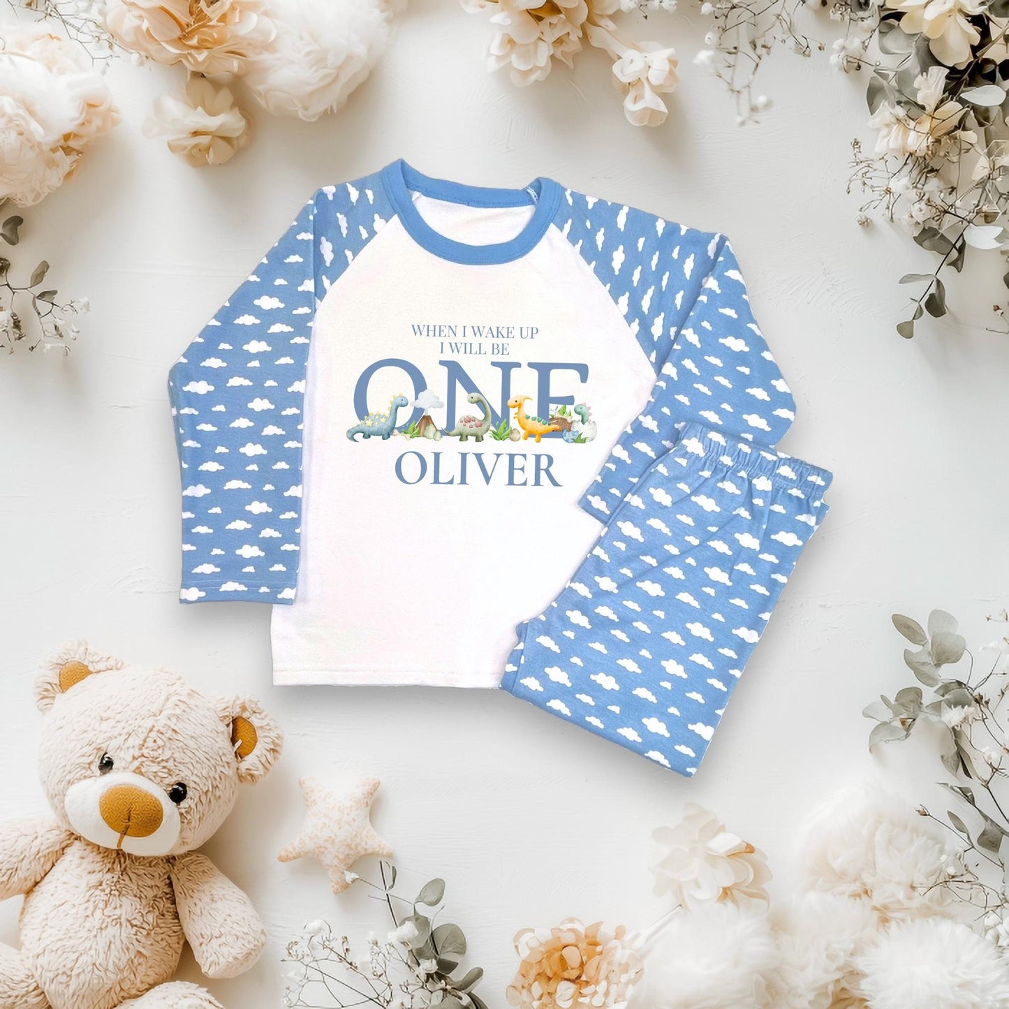 Personalised Childrens dinosaur blue cloud pyjamas, children's birthday jammies, when i wake up i will be one,two,three, CE Tested Pyjamas