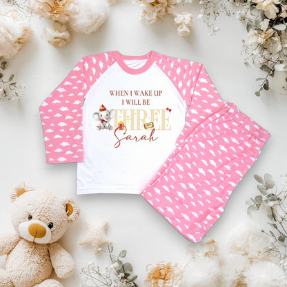 Personalised Childrens circus elephant pink cloud pyjamas, children's birthday jammies, when i wake up i will be one,two, CE Tested Pyjamas