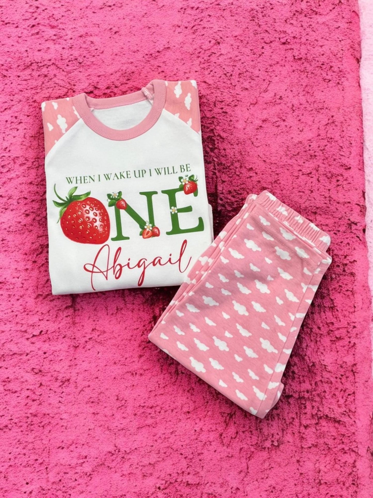 Girls 1st Strawberry Birthday Pyjamas/ Pink Cloud PJs/When I Wake Up I Will Be One/Toddler Birthday Outfit/ Strawberry Theme Sleepwear