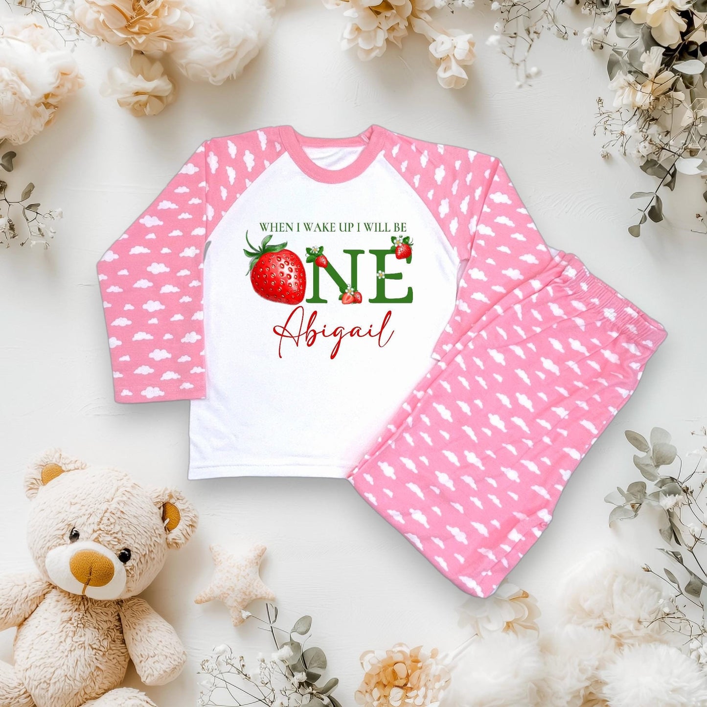 Girls 1st Strawberry Birthday Pyjamas/ Pink Cloud PJs/When I Wake Up I Will Be One/Toddler Birthday Outfit/ Strawberry Theme Sleepwear