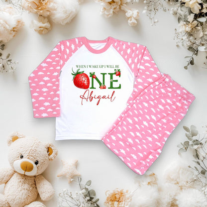 Girls 1st Strawberry Birthday Pyjamas/ Pink Cloud PJs/When I Wake Up I Will Be One/Toddler Birthday Outfit/ Strawberry Theme Sleepwear