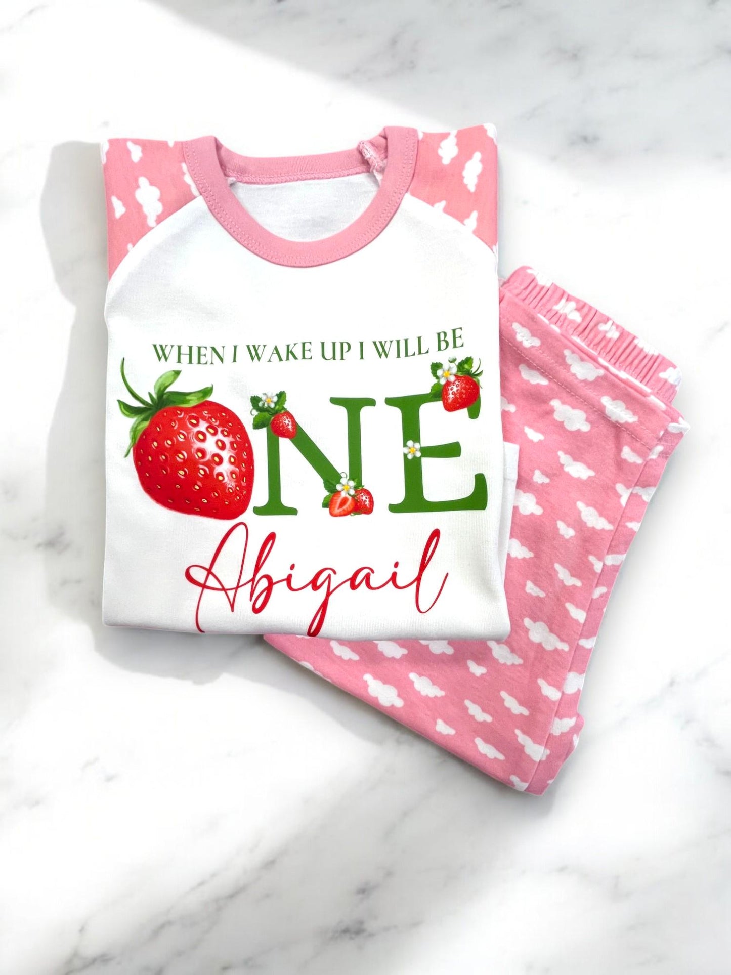 Girls 1st Strawberry Birthday Pyjamas/ Pink Cloud PJs/When I Wake Up I Will Be One/Toddler Birthday Outfit/ Strawberry Theme Sleepwear