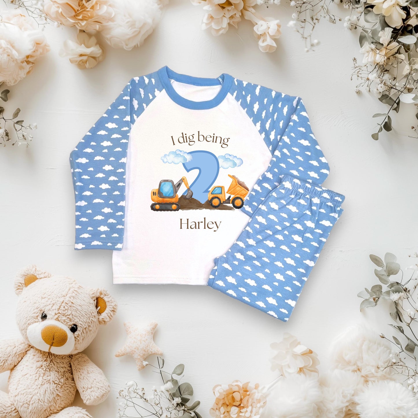Personalised Children's Digger Blue Cloud Pyjamas – Birthday Jammies, 'When I Wake Up I Will Be One/Two/Three'