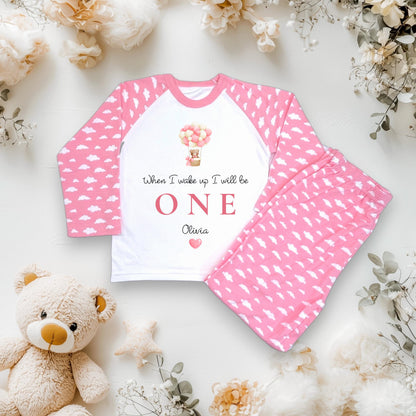 Girls 1st Birthday Teddy Bear Pyjamas/ Pink Cloud PJs/When I Wake Up I Will Be One/Toddler Birthday Outfit/ Bear Theme Sleepwear