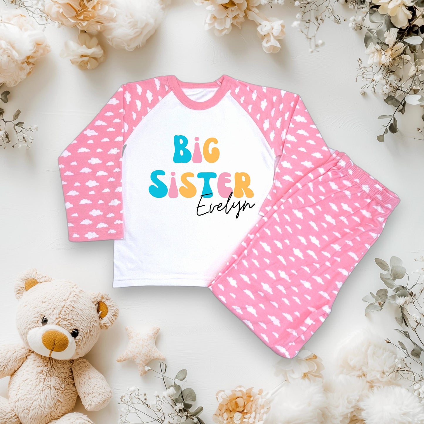 Personalised Retro Big Sister Children's pyjamas, children's Big sister jammies, new sibling, CE Tested Pyjamas