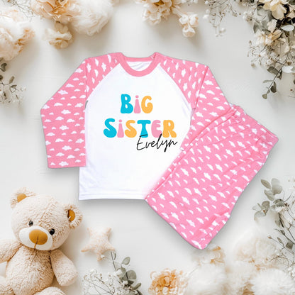 Personalised Retro Big Sister Children's pyjamas, children's Big sister jammies, new sibling, CE Tested Pyjamas