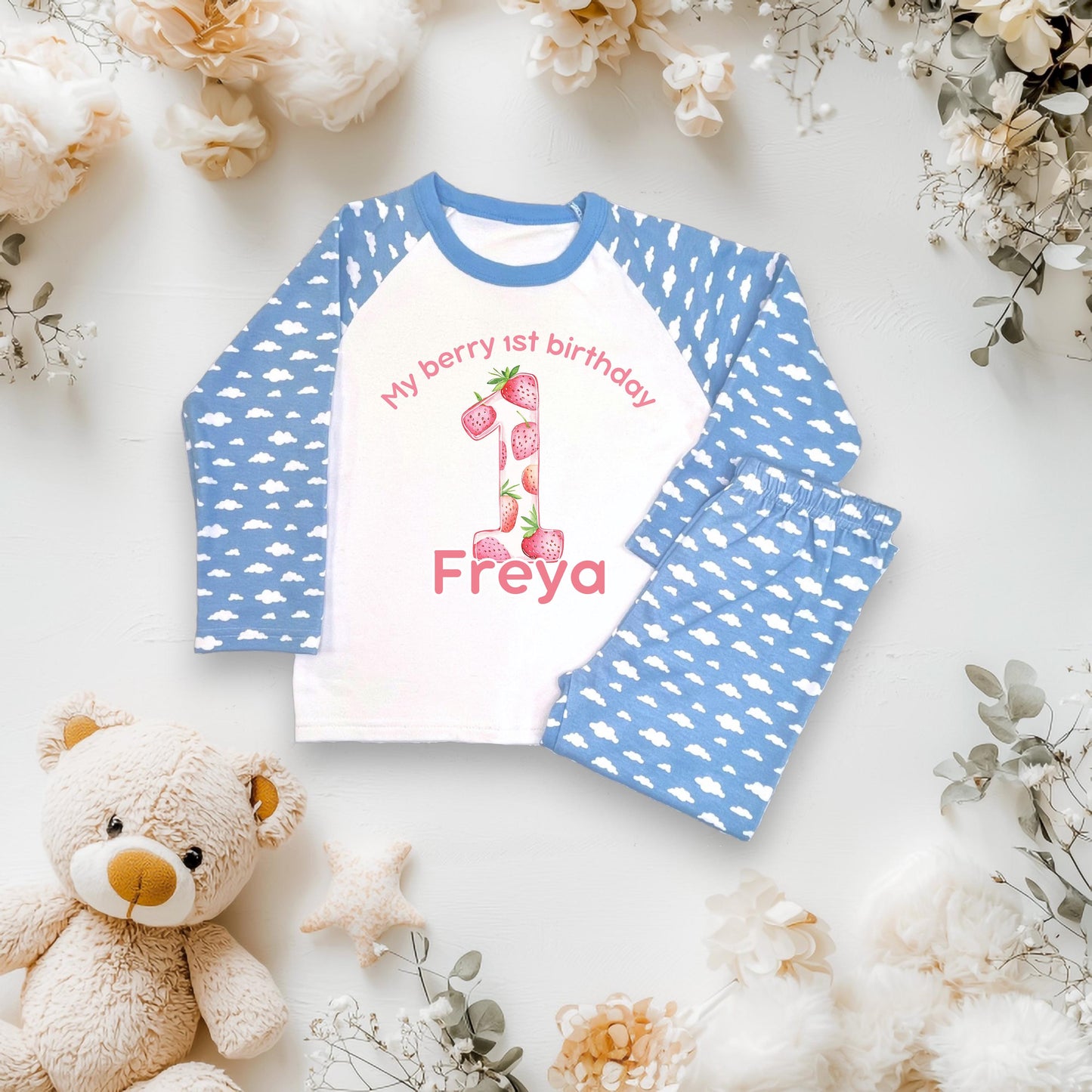 Girls 1st Strawberry Birthday Pyjamas/ Pink Cloud PJs/My berry 1st birthday /Toddler Birthday Outfit/ Strawberry Theme Sleepwear