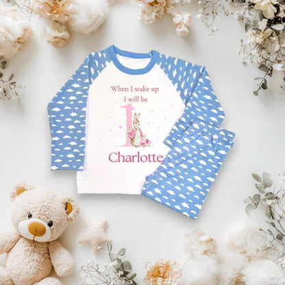 Personalised baby toddler pyjamas / Pink bunny rabbit for girls /When I Wake Up I Will Be 1 2 3 4 5/Toddler Birthday Outfit/
