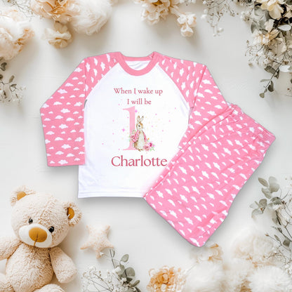 Personalised baby toddler pyjamas / Pink bunny rabbit for girls /When I Wake Up I Will Be 1 2 3 4 5/Toddler Birthday Outfit/
