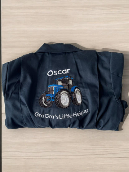 Personalised kids farmer in training tractor overalls, kids navy embroidered boilersuit, kids sizes aged 1-12 years