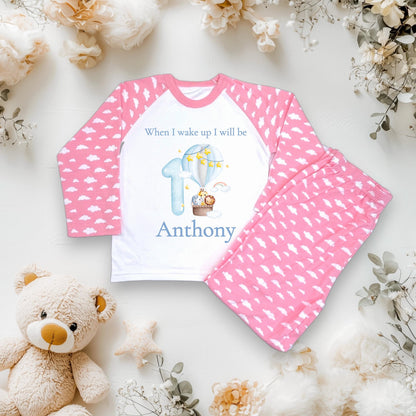 Boys 1st Birthday hot air balloon teddy bear blue cloud pyjamas, children's birthday jammies, when I wake up I will be one,two,three