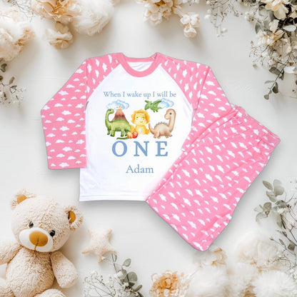 Boys dinosaur blue cloud pyjamas, children's birthday jammies, when i wake up i will be one,two,three, CE Tested Pyjamas