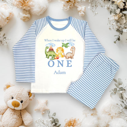 Boys dinosaur blue cloud pyjamas, children's birthday jammies, when i wake up i will be one,two,three, CE Tested Pyjamas