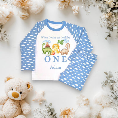 Boys dinosaur blue cloud pyjamas, children's birthday jammies, when i wake up i will be one,two,three, CE Tested Pyjamas