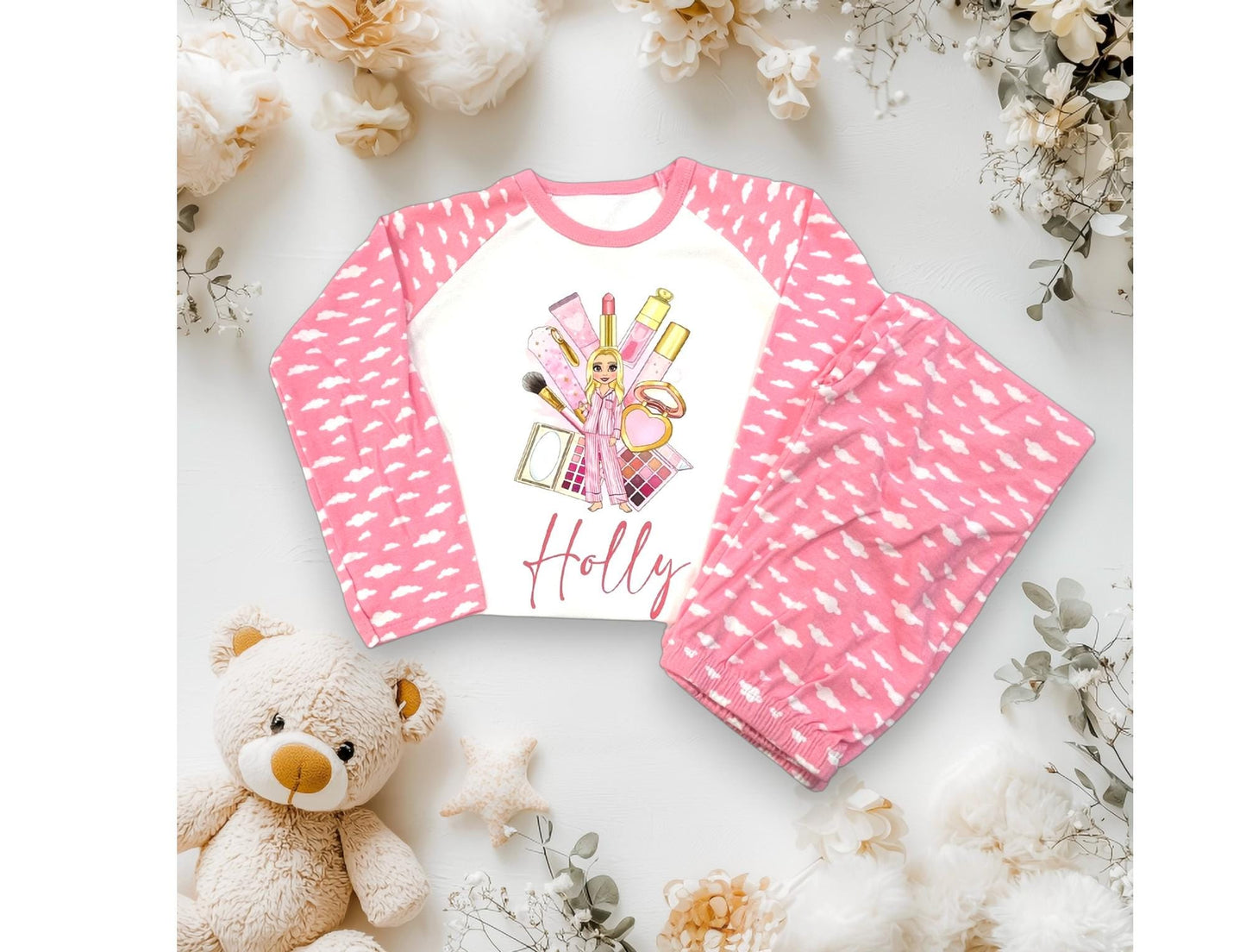 Girls Dolly Makeup Birthday Pyjamas/ Pink Cloud PJs/Girls Birthday Outfit/ Bear Theme Sleepwear
