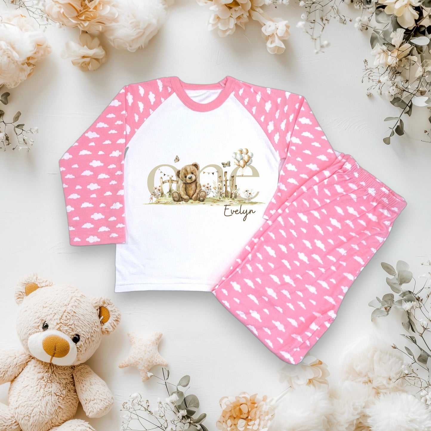 1st Birthday Teddy Bear Pyjamas/ Pink Cloud PJs/When I Wake Up I Will Be One/Toddler Birthday Outfit/ Bear Theme Sleepwear