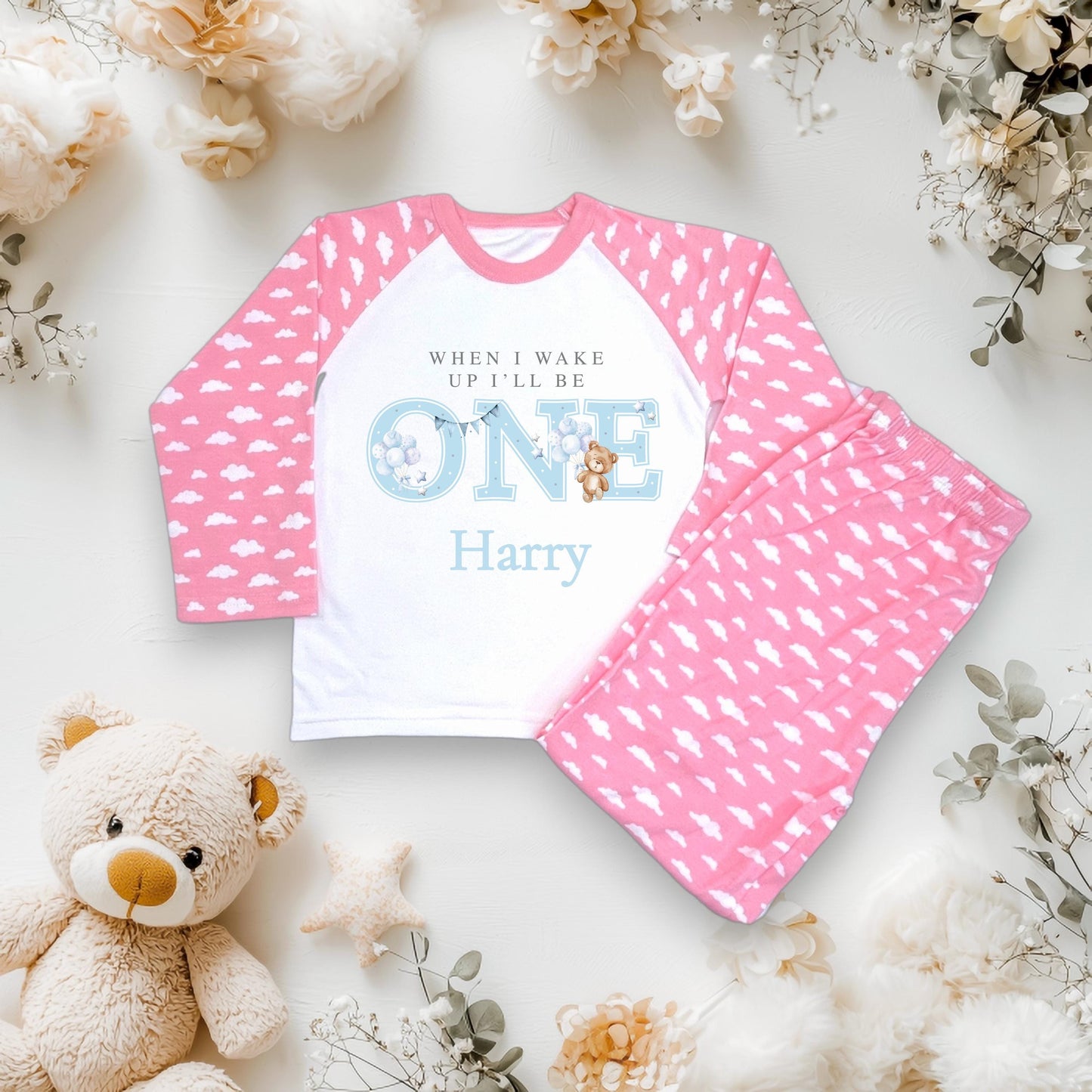 1st Birthday Teddy Bear Pyjamas/ Pink Cloud PJs/When I Wake Up I Will Be One/Toddler Birthday Outfit/ Bear Theme Sleepwear