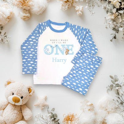 1st Birthday Teddy Bear Pyjamas/ Pink Cloud PJs/When I Wake Up I Will Be One/Toddler Birthday Outfit/ Bear Theme Sleepwear