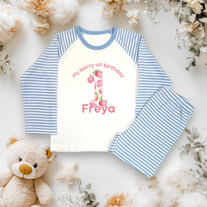 Girls 1st Strawberry Birthday Pyjamas/ Pink Cloud PJs/My berry 1st birthday /Toddler Birthday Outfit/ Strawberry Theme Sleepwear