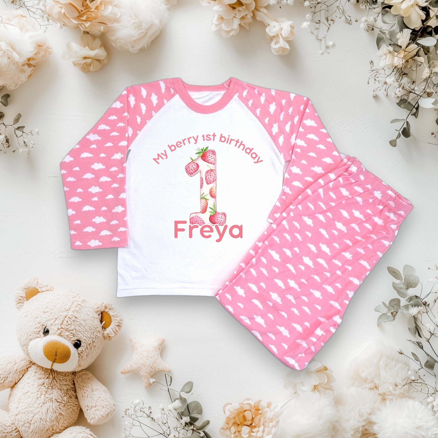 Girls 1st Strawberry Birthday Pyjamas/ Pink Cloud PJs/My berry 1st birthday /Toddler Birthday Outfit/ Strawberry Theme Sleepwear