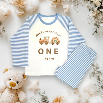Children's train birthday Pyjamas – When I wake up Jammies, 'When I Wake Up I Will Be One/Two/Three' – CE Tested Sleepwear