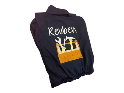 Personalized Kids Navy Overalls, Embroidered Toolbox Boilersuit