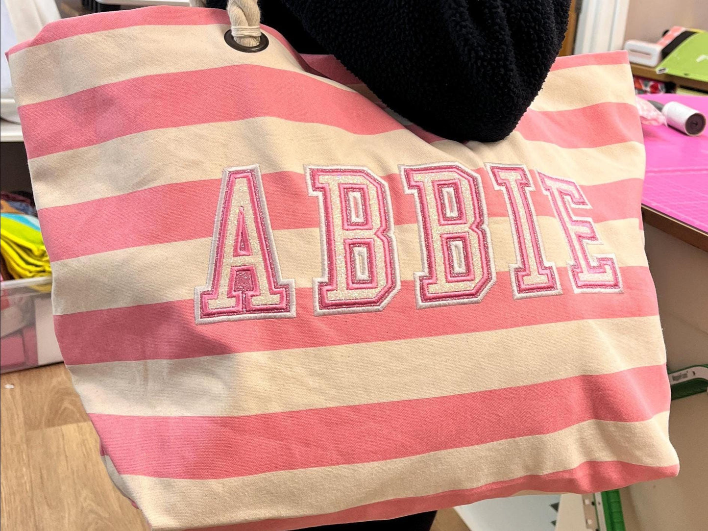 Personalised Pink Striped Beach Bag with Name – Custom Embroidered Tote for Girls, Summer Holiday Gift, Bridesmaid or Birthday Bag