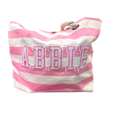 Personalised Pink Striped Beach Bag with Name – Custom Embroidered Tote for Girls, Summer Holiday Gift, Bridesmaid or Birthday Bag
