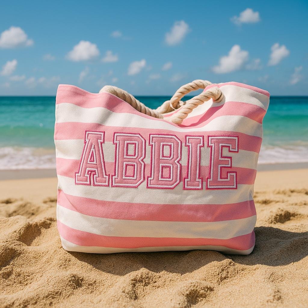 Personalised Pink Striped Beach Bag with Name – Custom Embroidered Tote for Girls, Summer Holiday Gift, Bridesmaid or Birthday Bag