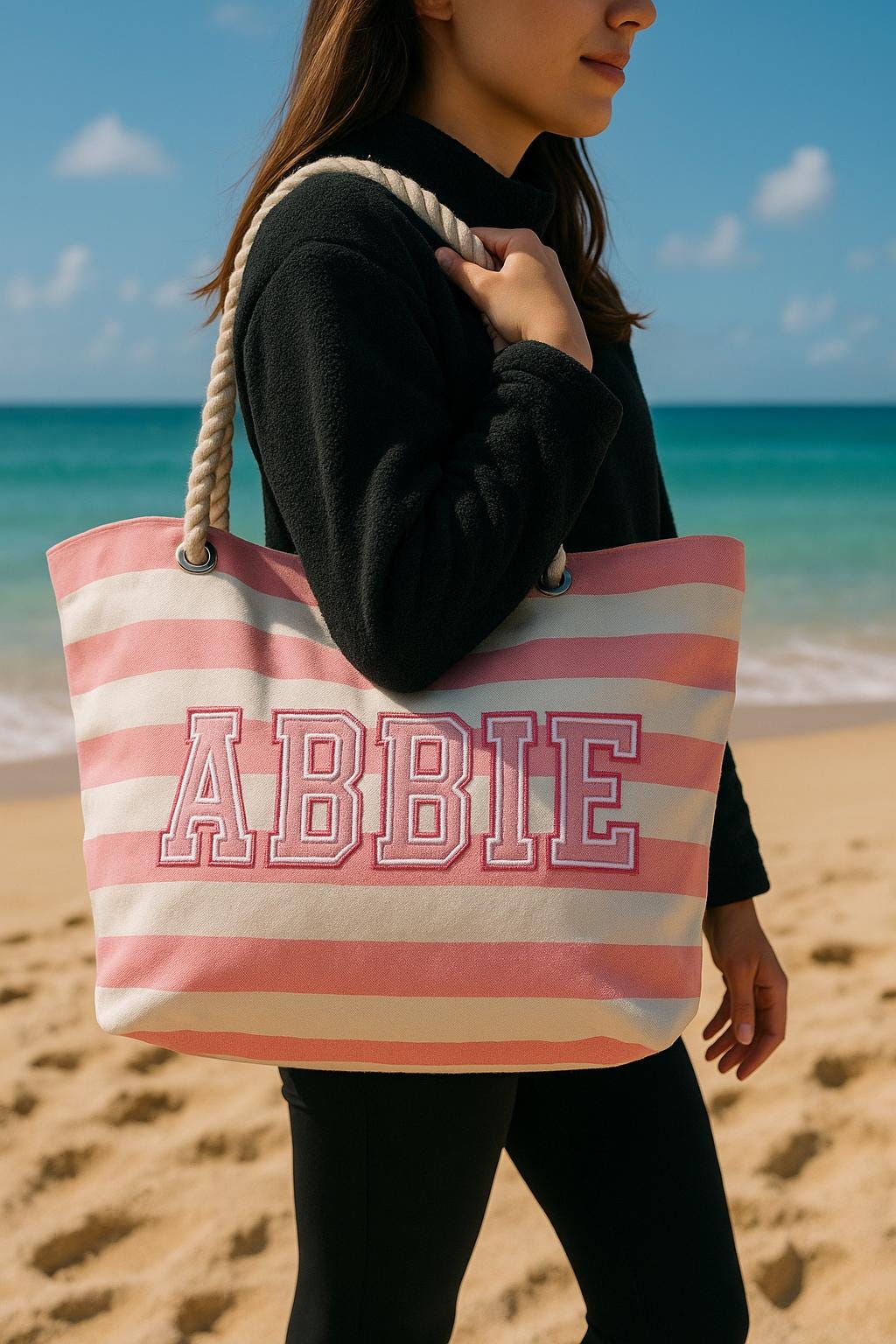 Personalised Pink Striped Beach Bag with Name – Custom Embroidered Tote for Girls, Summer Holiday Gift, Bridesmaid or Birthday Bag