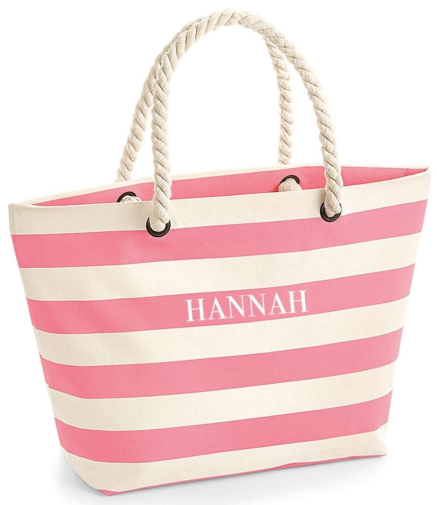 Personalised Pink Striped Beach Bag with Name – Custom Embroidered Tote for Girls, Summer Holiday Gift, Bridesmaid or Birthday Bag