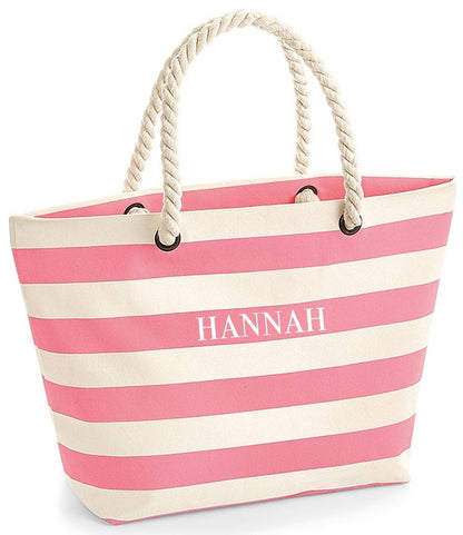 Personalised Pink Striped Beach Bag with Name – Custom Embroidered Tote for Girls, Summer Holiday Gift, Bridesmaid or Birthday Bag