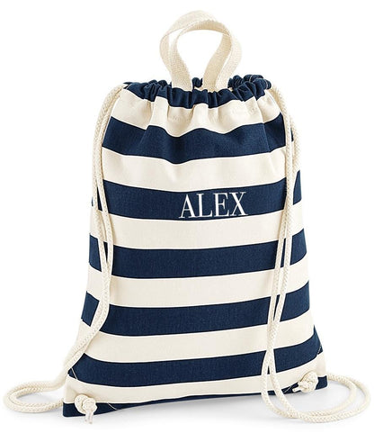 Personalised Striped Drawstring Bag – Embroidered Name Gym Kit, Kids PE Beach Bag, Nursery or School Backpack