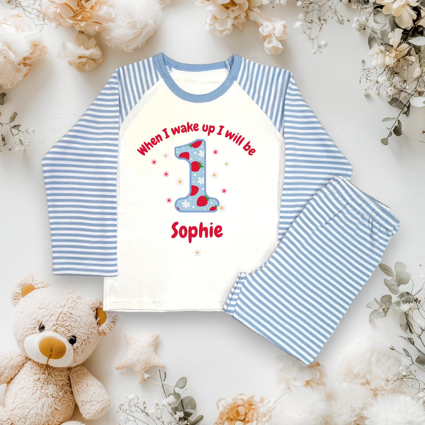 Girls 1st Strawberry Birthday Pyjamas / When I Wake Up I Will Be 1 2 3 4 5 / Toddler Birthday Outfit / Strawberry Theme Sleepwear