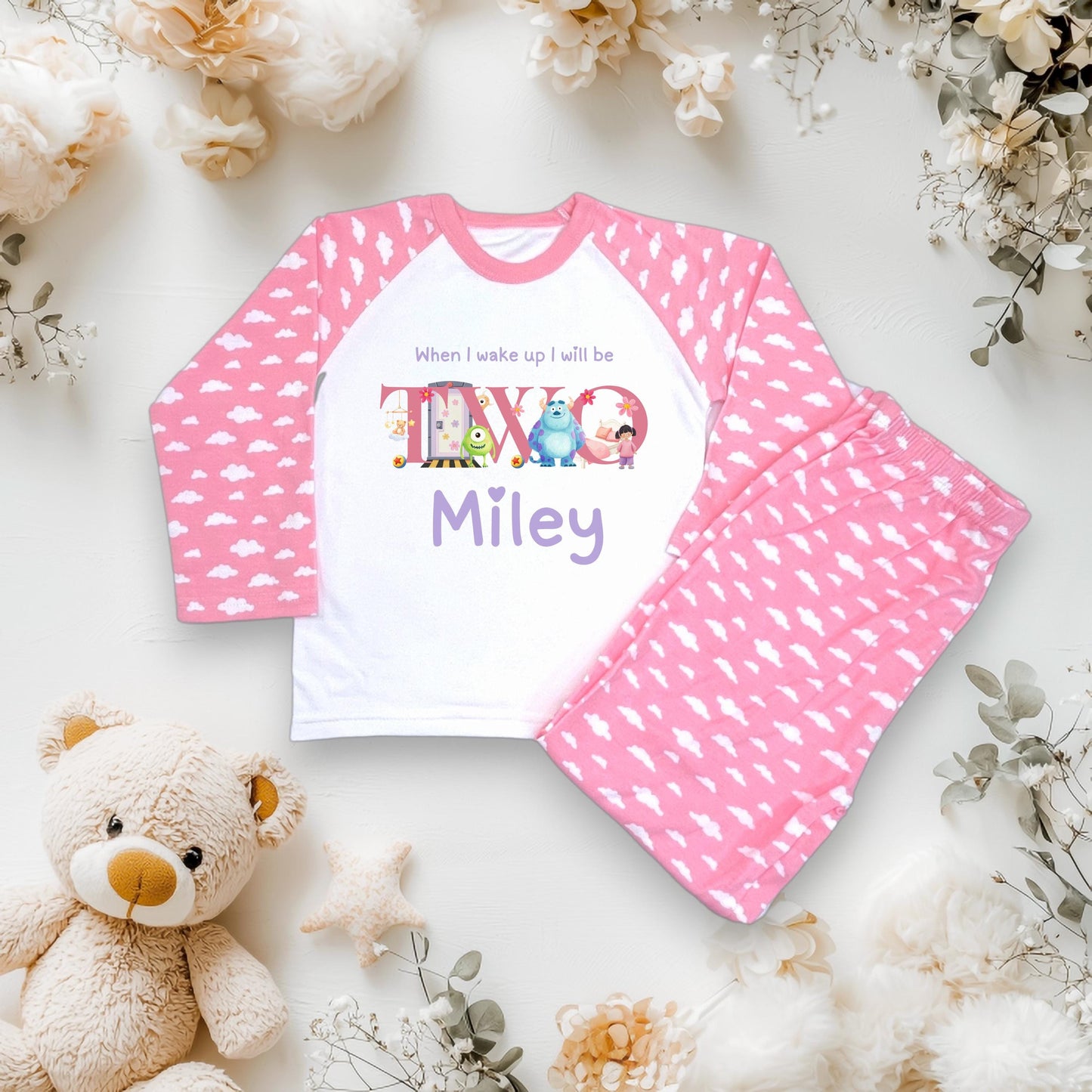 When I wake up I’ll be one,two,three,four,five, monster, boo pjs, mike and sully