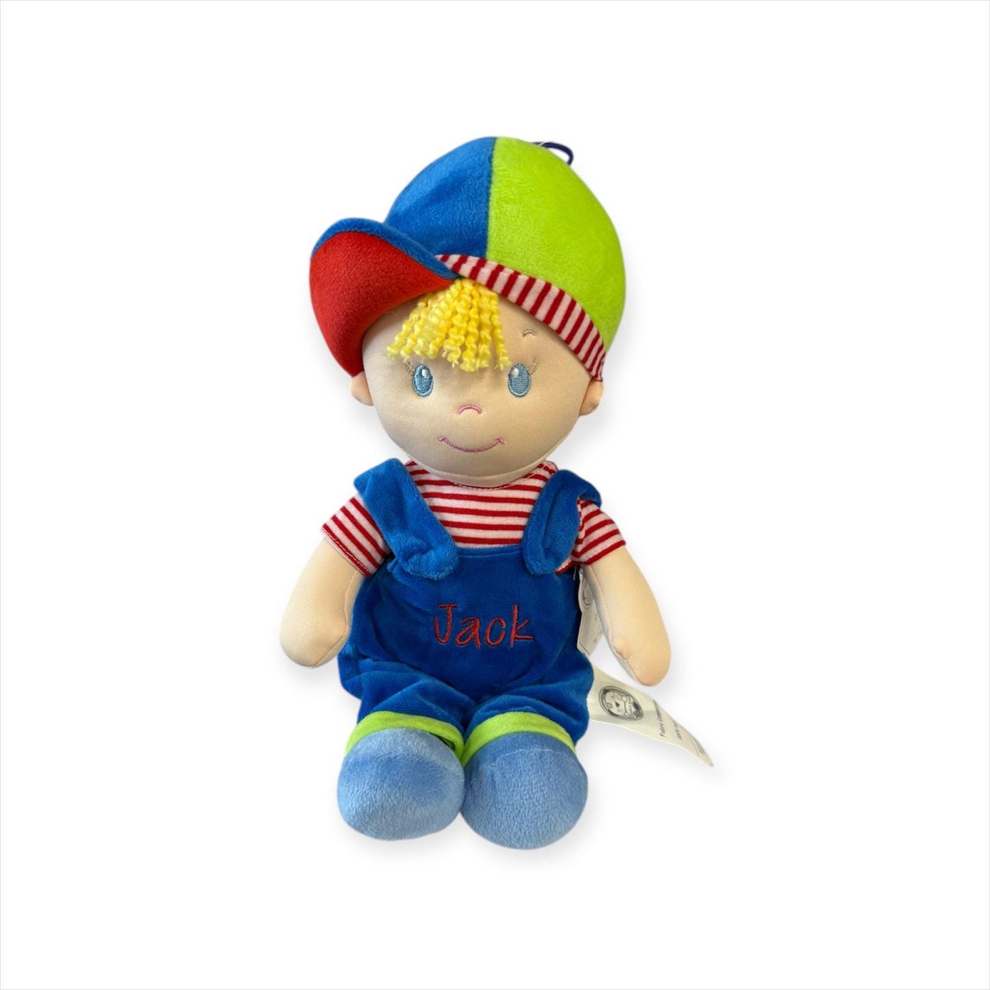 Personalised Embroidered Baby Soft Rag Doll Toy with dungarees
