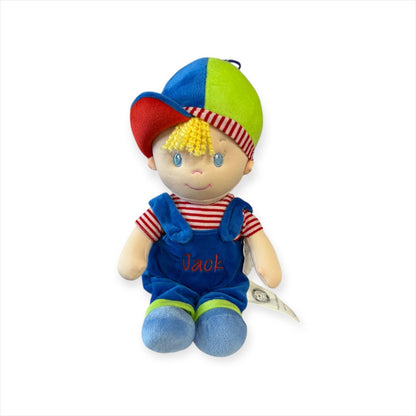Personalised Embroidered Baby Soft Rag Doll Toy with dungarees